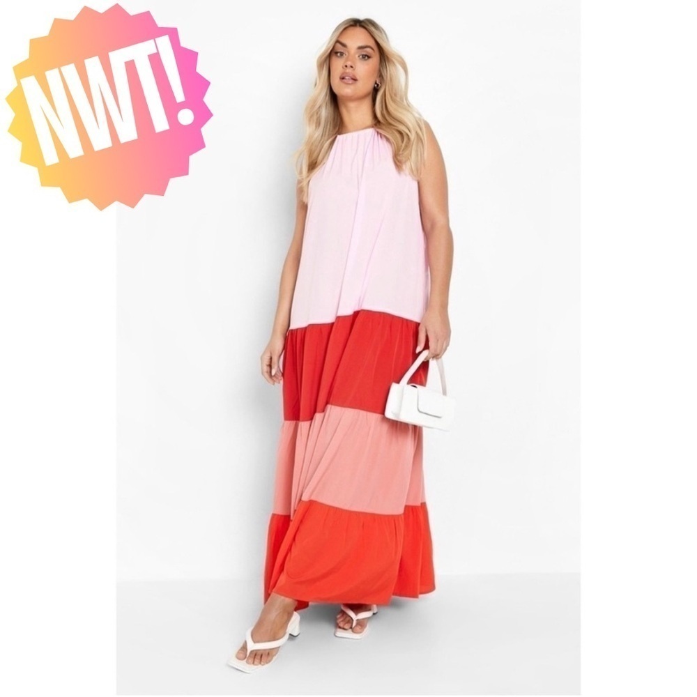 Boohoo Oversized Tiered Color Block Maxi Dress Pink
